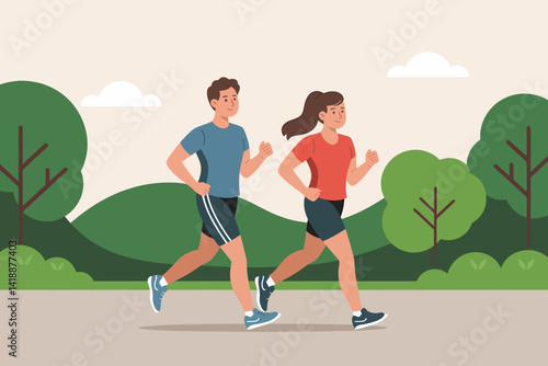 Couple jogging in park illustration for healthy lifestyle design.