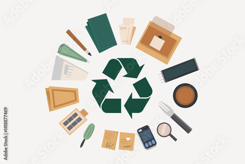 Circular Economy: Waste Recycling Icons Around Recycle Symbol, Ecological Vector