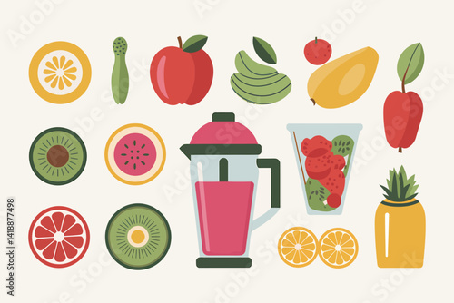 Vibrant Fruit Smoothie Prep: Blender, Fruits, Healthy Eating Icon Collection