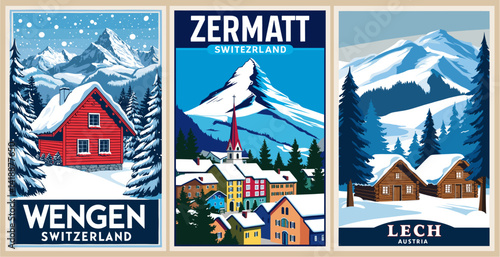 Set of Ski Travel Posters in retro style. Zermatt, Wengen, Switzerland, Lech, Austria digital prints. Winter holidays, active lifestyle. Vintage vector colorful illustrations.