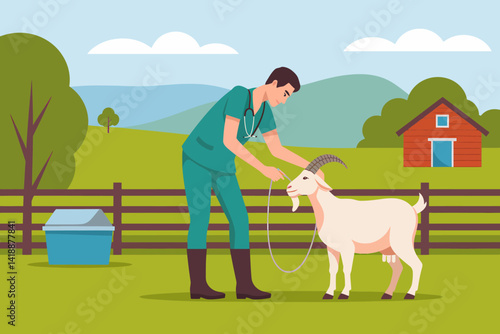 Veterinarian examining a goat in a farm, animal healthcare concept