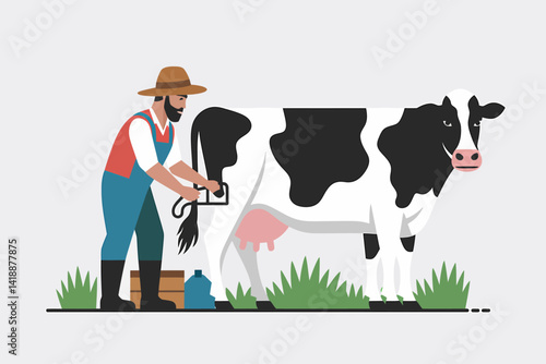Dairy Farming: Farmer Milking Cow with Machine Illustration