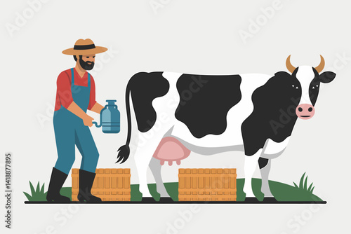 Dairy Farmer Milking Cow with Machine, Cartoon Illustration, Organic Farm