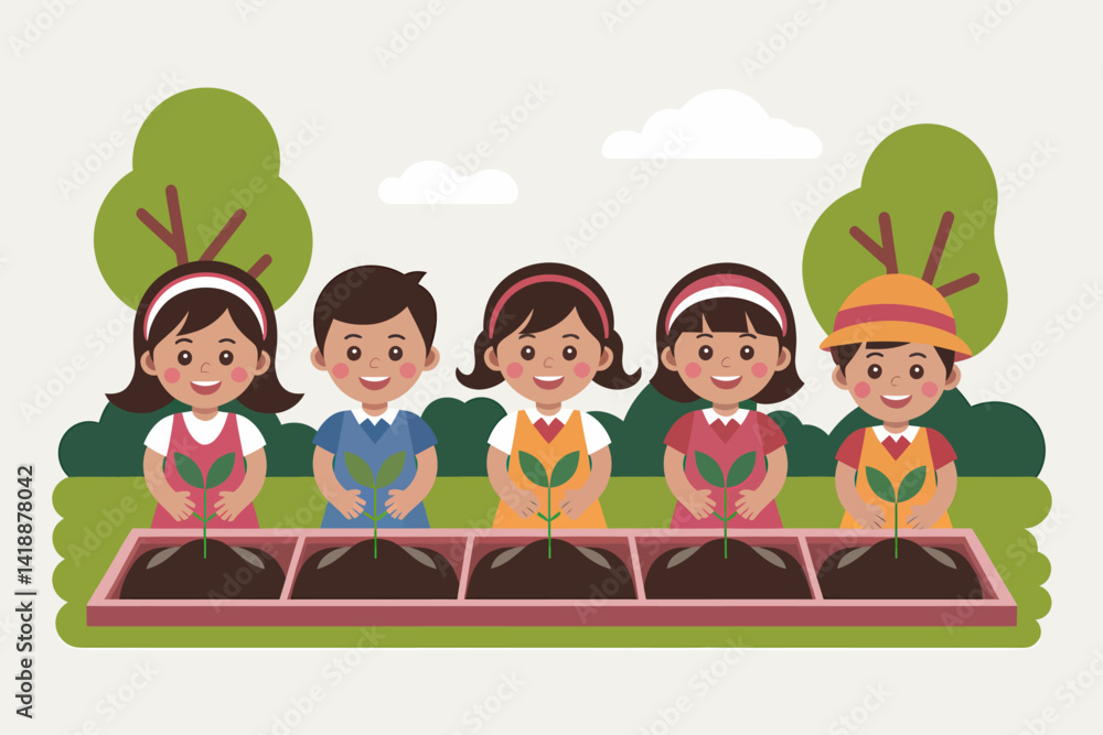Happy Cartoon Kids Planting Seedlings in Garden Bed, Vector Illustration Happy Cartoon Kids Planting Seedlings in Garden Bed, Vector Illustration