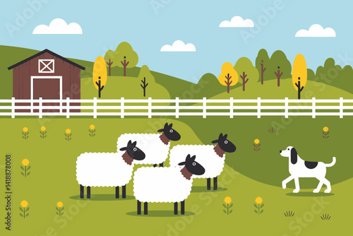 Pastoral Scene: Sheep, Dog, and Barn Illustration in Flat Design Style
