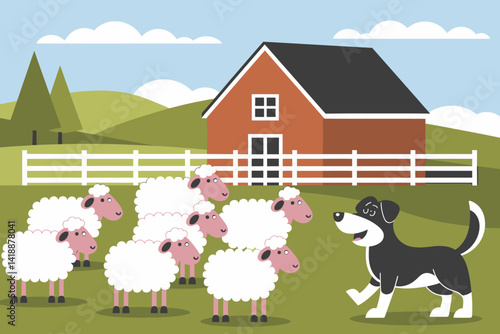 Cartoon Sheep Herd with Herding Dog near Farm, Vector Illustration