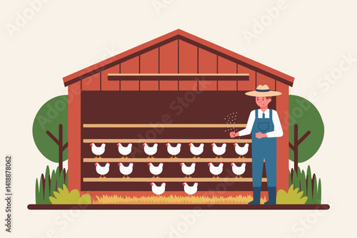 Cartoon farmer feeding chickens in coop. Poultry farming illustration.
