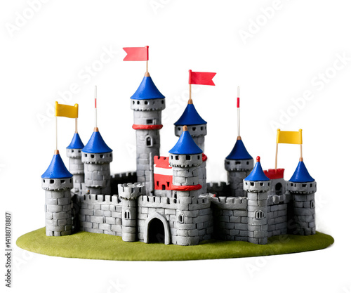 Enchanting Miniature Castle Illustration, A Whimsical Journey into a Fantasy Realm with Stone Walls, Colorful Flags, and Delightful Architectural Details