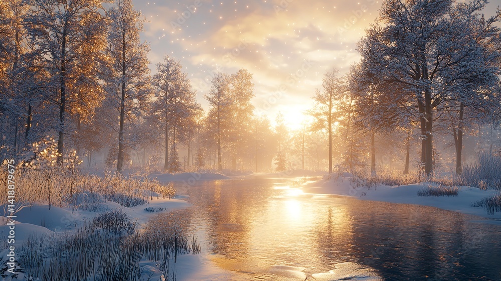 Naklejka premium Sun is setting behind trees in snow