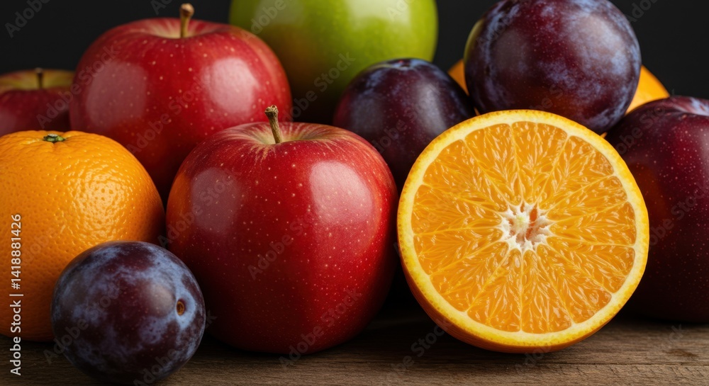 Closeup of Red Apples Plums and Orange Slices on Wooden Table Closeup of Red Apples Plums and Orange Slices on Wooden Table