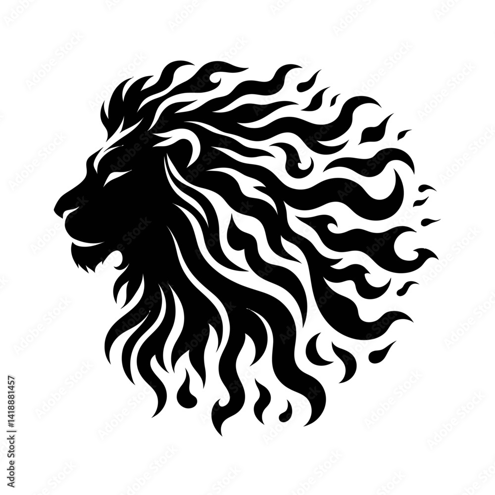 Obraz premium Black silhouette vector of a lion with a mane made of flames on white background