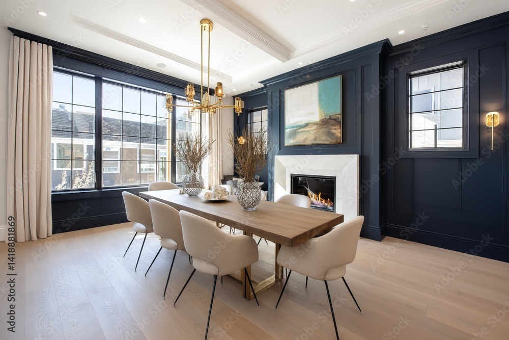 Modern Dining Room Design: Elegant Table, Chairs, and Fireplace with Gold Accents, Natural Light, and Stylish Decor Modern Dining Room Design: Elegant Table, Chairs, and Fireplace with Gold Accents, Natural Light, and Stylish Decor