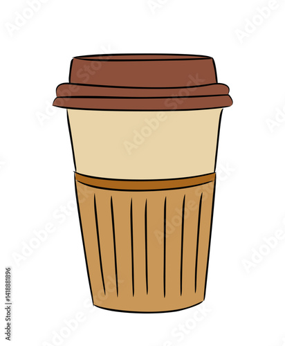 Takeaway paper coffee cup with lid and carton sleeve. Take-away takeout tea mug closed with plastic cap. Coffee, latte, hot drink to go. Flat vector illustration isolated on transparent background.