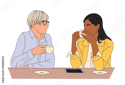 Two business women having casual meeting with coffee break. Colored outline drawing isolated on transparent background
