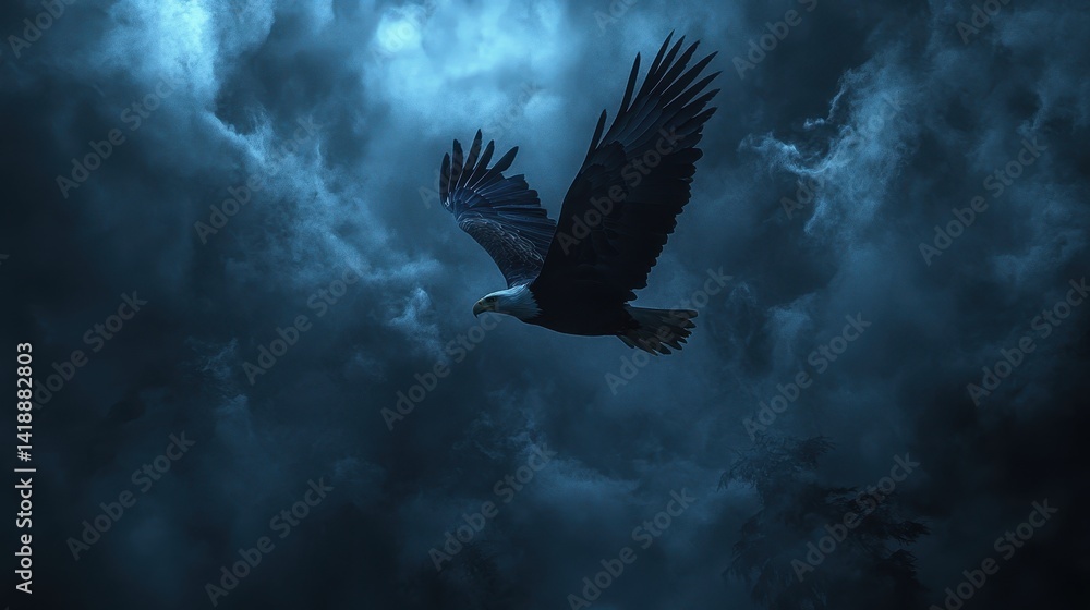Fototapeta premium Bald eagle soars through the ominous, dark blue, cloudy sky at night. It's perfect for conveying themes of freedom, strength and power.