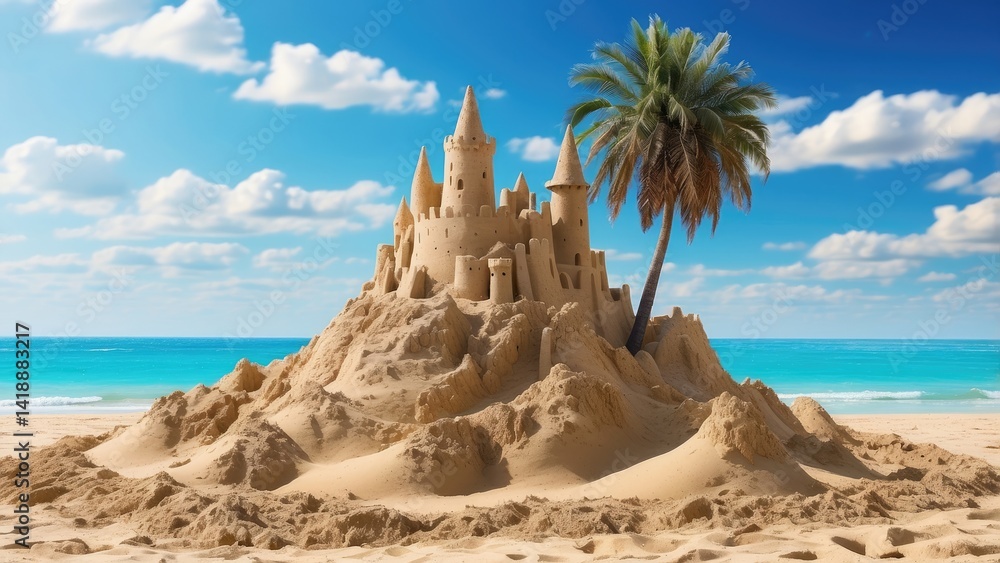 A detailed sandcastle with multiple towers and green flags stands on a sandy beach, with shimmering blue ocean waves and a soft bokeh effect in the background A detailed sandcastle with multiple towers and green flags stands on a sandy beach, with shimmering blue ocean waves and a soft bokeh effect in the background