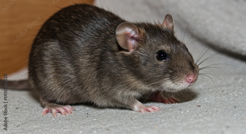 Closeup Portrait of a Brown Rat on a Gray Fabric Background