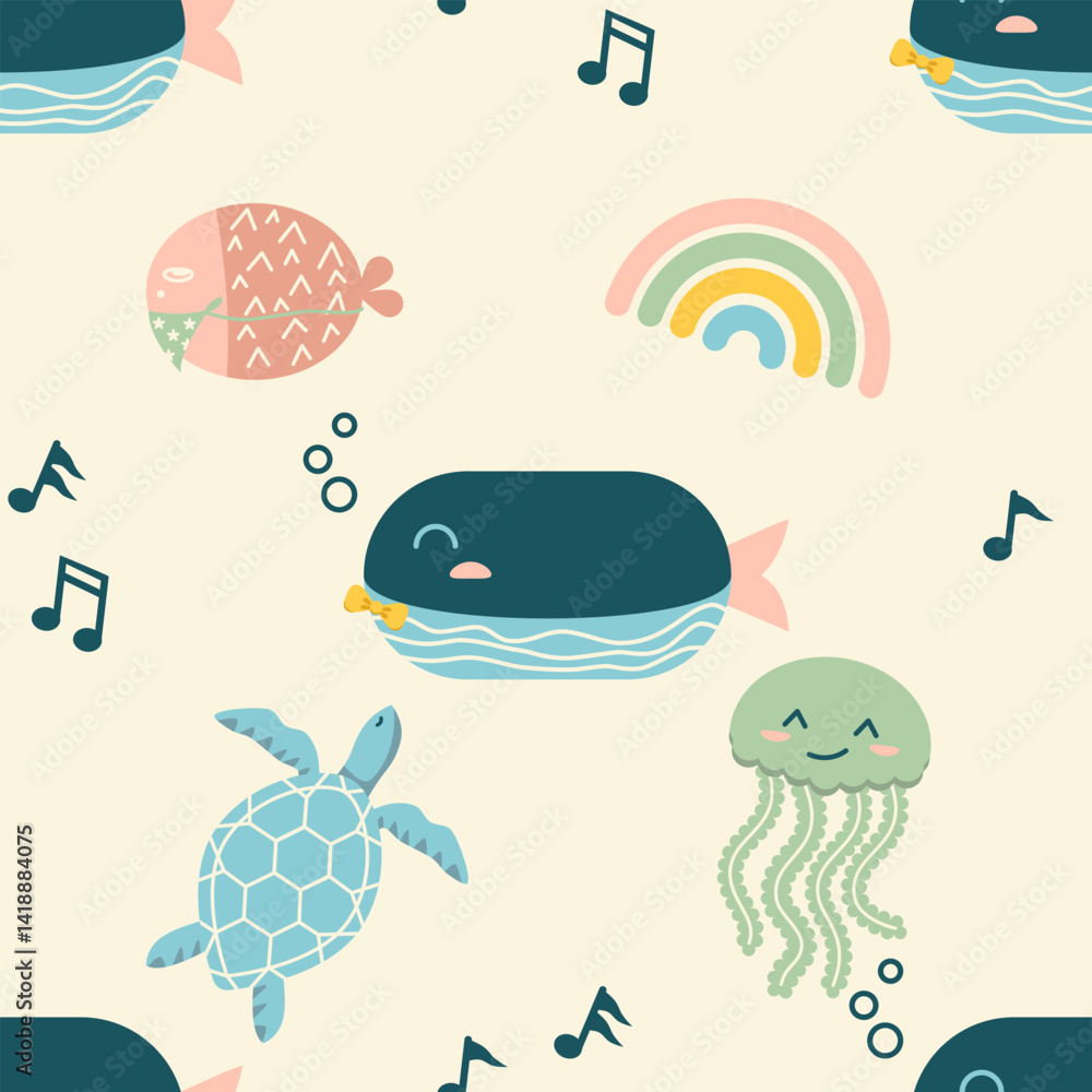 Obraz premium Whale Patterns with Sea Animals summer