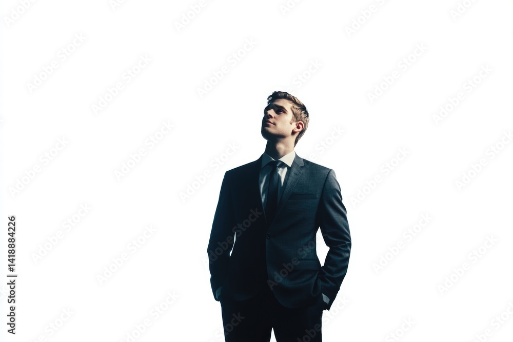 A young businessman in a suit looks upward, contemplating his future prospects and career goals. A young businessman in a suit looks upward, contemplating his future prospects and career goals.