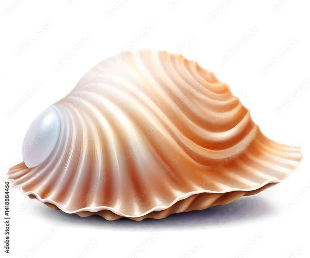 Enchanting Seashell Illustration, Captivating Glimpse into the Ocean's Hidden Treasures with a Luminous Pearl Revealing the Beauty of Marine Life