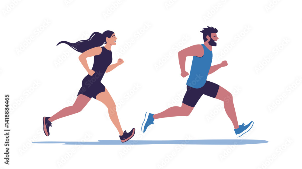 This vector illustration depicts a stylized man and woman running in motion. The figures are in profile, showing a sense of forward movement. This vector illustration depicts a stylized man and woman running in motion. The figures are in profile, showing a sense of forward movement.