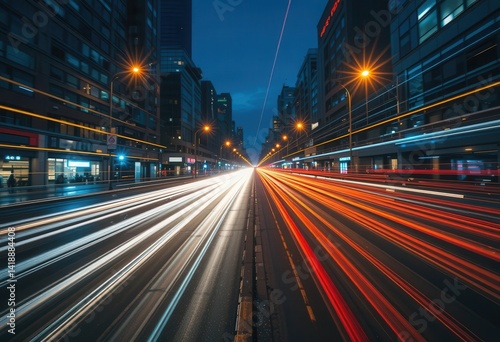 Evening traffic flow in a bustling city center with vibrant light trails