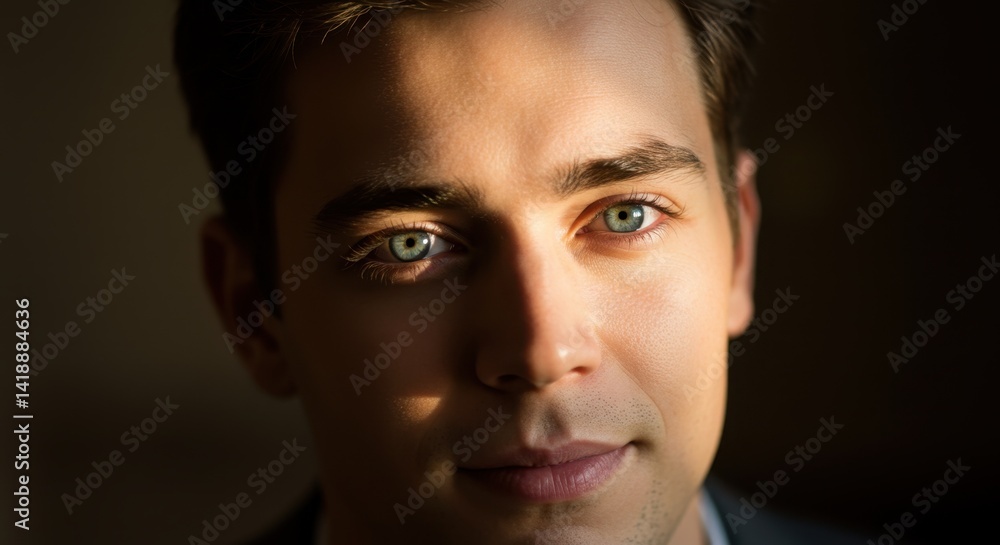 Closeup Portrait of a Young Man with Blue Eyes and Dramatic Lighting Closeup Portrait of a Young Man with Blue Eyes and Dramatic Lighting
