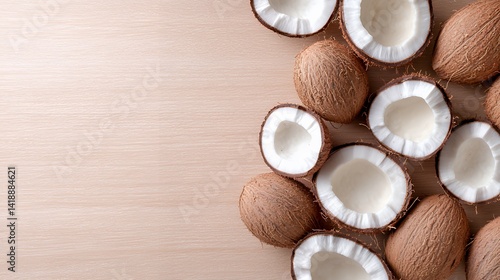 Halved coconuts on light wood background