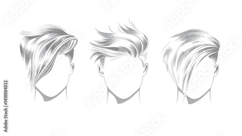 The images show three different greyscale sketches of men's hairstyles, rendered in a stylized style that suggests a fusion of realism and graphic design.