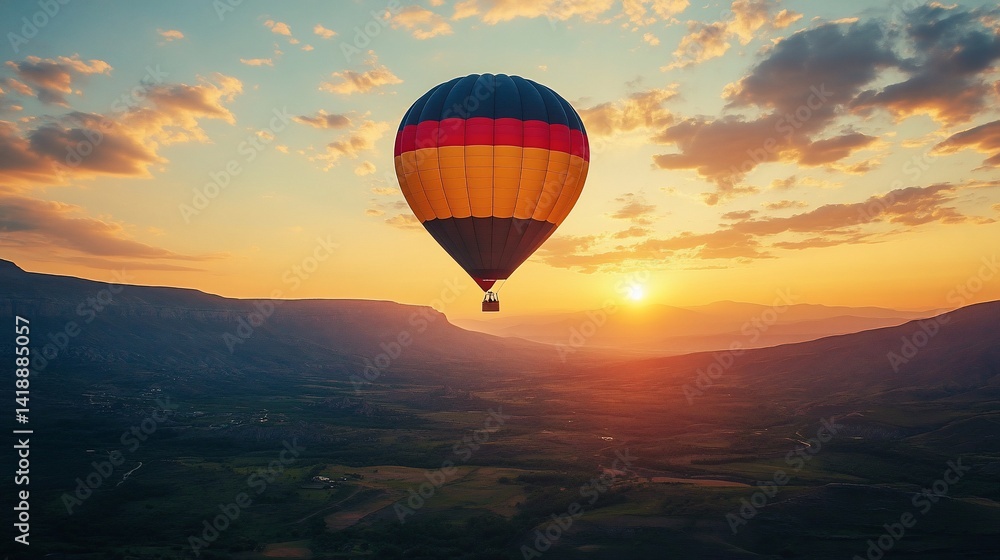 Obraz premium Hot air balloon soaring over valley at sunrise, clouds in background