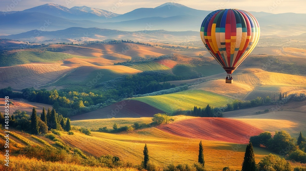 Obraz premium Hot air balloon soars over rolling hills of the Tuscan countryside at sunrise