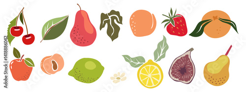 Hand drawn abstract fruits set. Collection of apple, lemon, pear, fig, lime, orange, apricot, strawberry, cherry, peach vector illustrations isolated on white background. Fresh juicy fruits