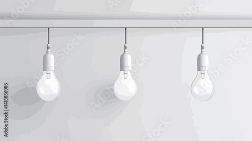 A minimalist composition of three identical white Edison-style light bulbs suspended from a thin horizontal white rod.
