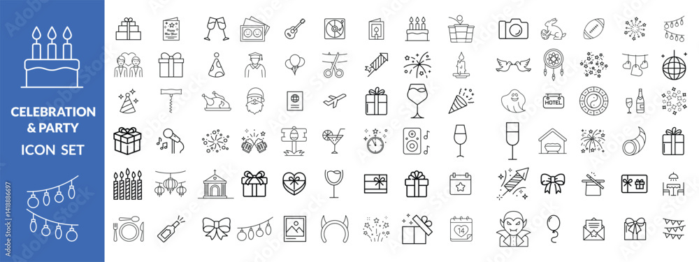 Event Planning Line Editable Icons set. Vector illustration in thin line modern style of party related icons: organization, decoration, planning, food and drink, and more. Isolated on white.