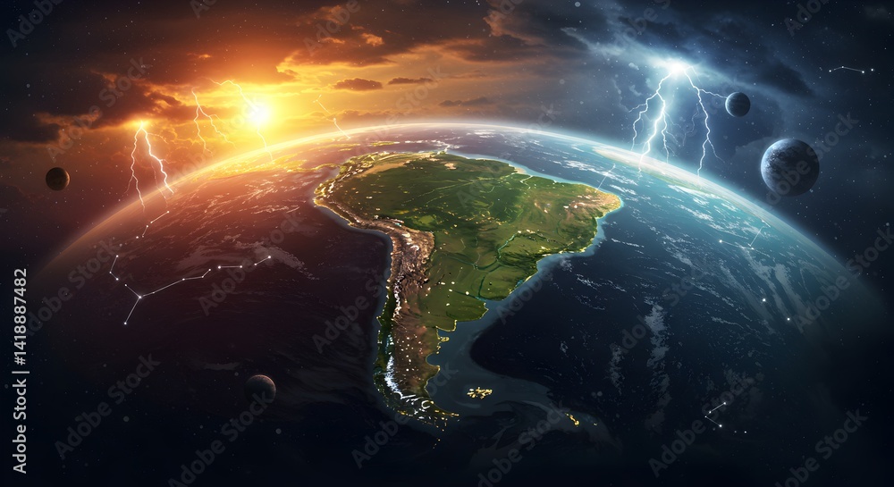 Obraz premium Dramatic depiction of planet earth with lightning strikes and celestial bodies