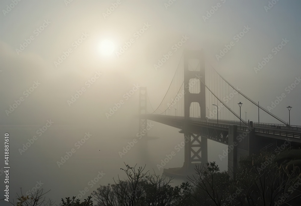 Obraz premium Golden Gate Bridge enveloped in dense fog during early morning hours