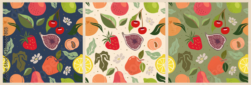 Seamless pattern with different fruits on white, black, green background. Decorative backdrop with fresh dietary veggie food. Flat vector illustration for wrapping paper, textile print, wallpaper.