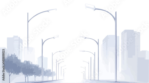 The work depicts a city street shrouded in mist or fog at dawn in minimalist brushstrokes, with a strong vanishing point in perspective, leading the viewer's eye down a long straight road.