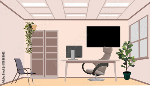 Modern office with a black TV on the wall, potted plants, desk with computer, armchair, shelves. Vector flat colorful illustration