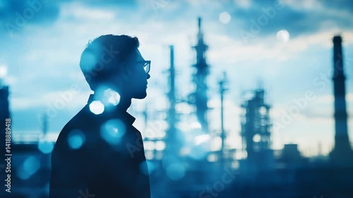 Silhouette of Businessman at Industrial Site Against Blue Background