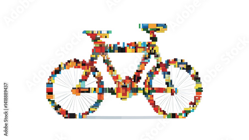 This digital artwork depicts a bicycle made from a mosaic of brightly colored squares and rectangles. The image is rendered in a flat, two-dimensional style with a sharp shadow underneath.