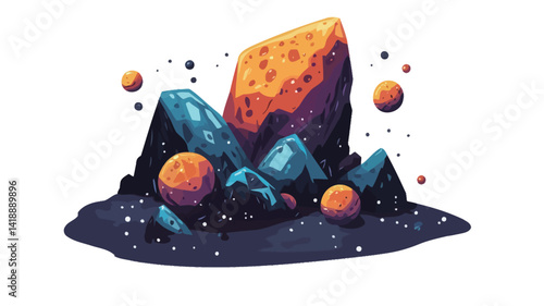 A digital illustration of a group of stylized rocks and planetary bodies. The color scheme is dominated by dark blues and purples, contrasted by bright oranges and yellows.