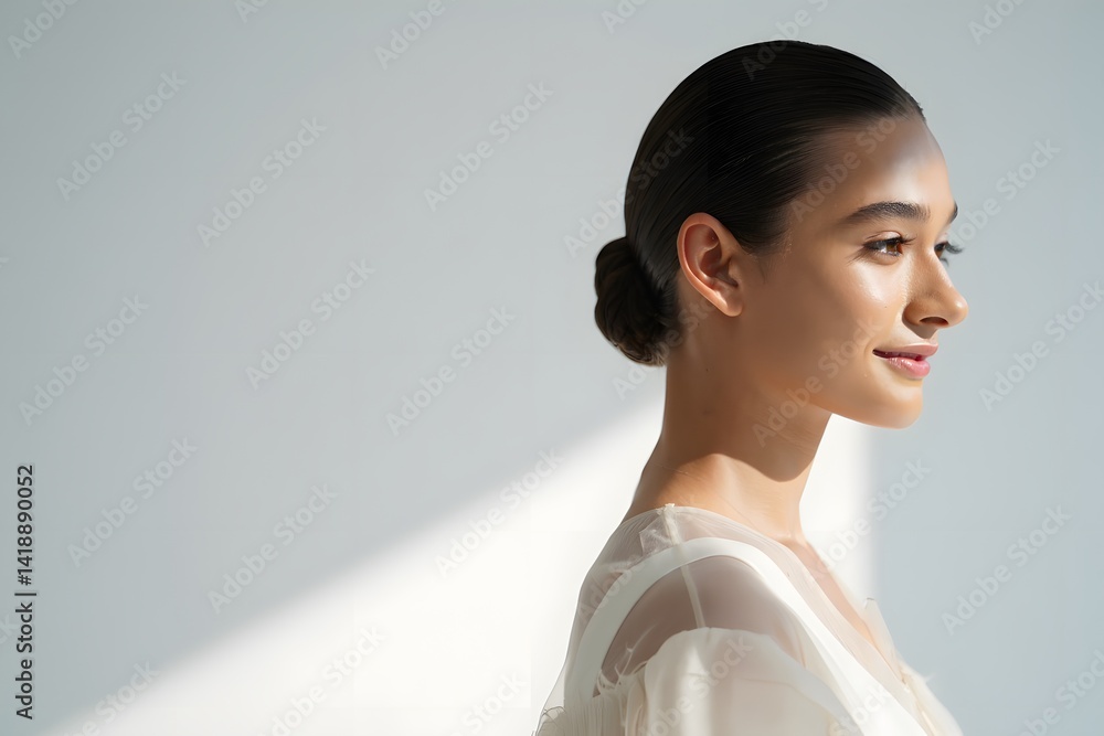 A serene woman with radiant skin and a sleek bun enjoys a moment of peaceful contemplation, bathed in soft, natural light. A serene woman with radiant skin and a sleek bun enjoys a moment of peaceful contemplation, bathed in soft, natural light.