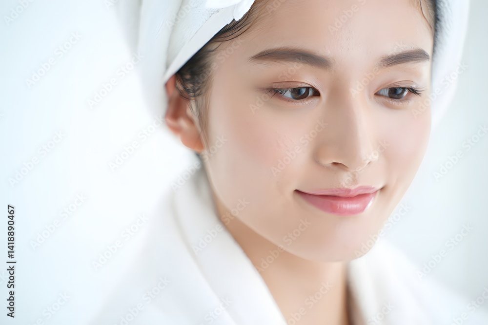 A woman wrapped in a soft towel, her expression serene, epitomizing the essence of relaxation and the freshness of the spa experience. A woman wrapped in a soft towel, her expression serene, epitomizing the essence of relaxation and the freshness of the spa experience.