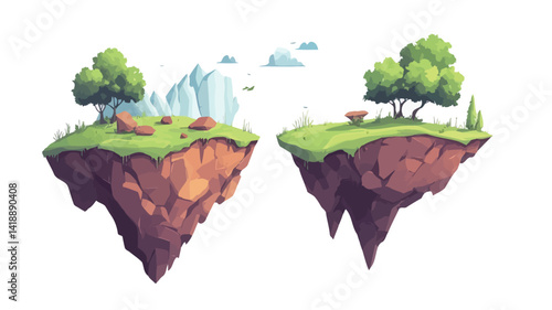 This image shows two digitally rendered, stylized floating islands set against a pure white background. Each island is rendered in vivid, saturated tones. The islands are characterized by