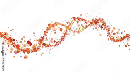 High resolution digital illustration of a dynamic swirl of orange and red particles against a pure white background. The particles vary in size and opacity, creating a sense of depth and