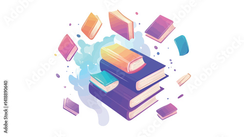 Isometric illustration depicting three books in purple and turquoise tones surrounded by smaller brightly colored books floating in circular motion. Stylized cartoon.