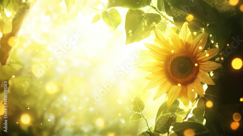 Golden sunflower wreath with fresh leaves, bathed in soft morning light. Radiant summer solstice serenity.