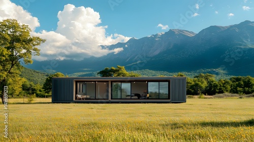 A sleek container house in an open field with a mountain backdrop