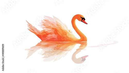 A digital illustration depicts a stylized orange swan gliding gracefully over calm water, its reflection perfectly reflected in the water. The swan's feathers are a fiery, almost watercolor color.